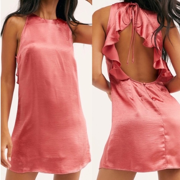 NWT Free People After Hours Slip Dress Blue Satin Size Small Ruffle Open‎ Back S - Picture 15 of 16